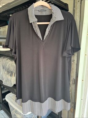 Adrianna Papell Black Top with Black-and-White Striped Collar and Hem